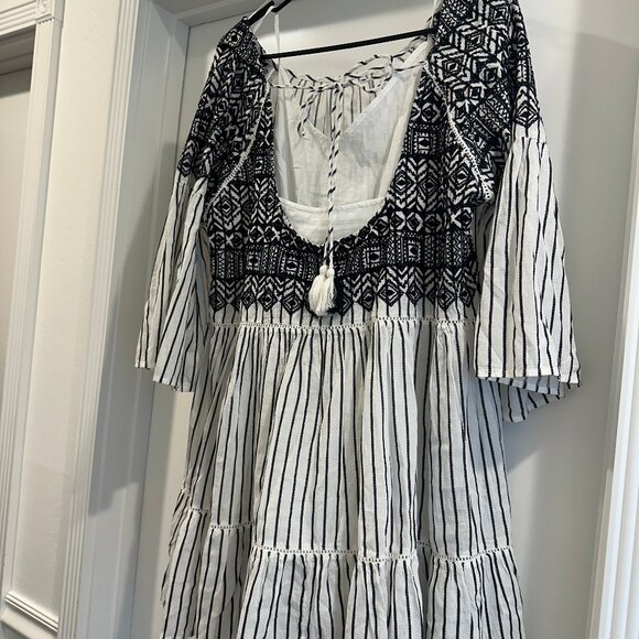 Free People Lola Embroidered Boho Striped Mini Peasant Dress Black/White Size S - Picture 5 of 7